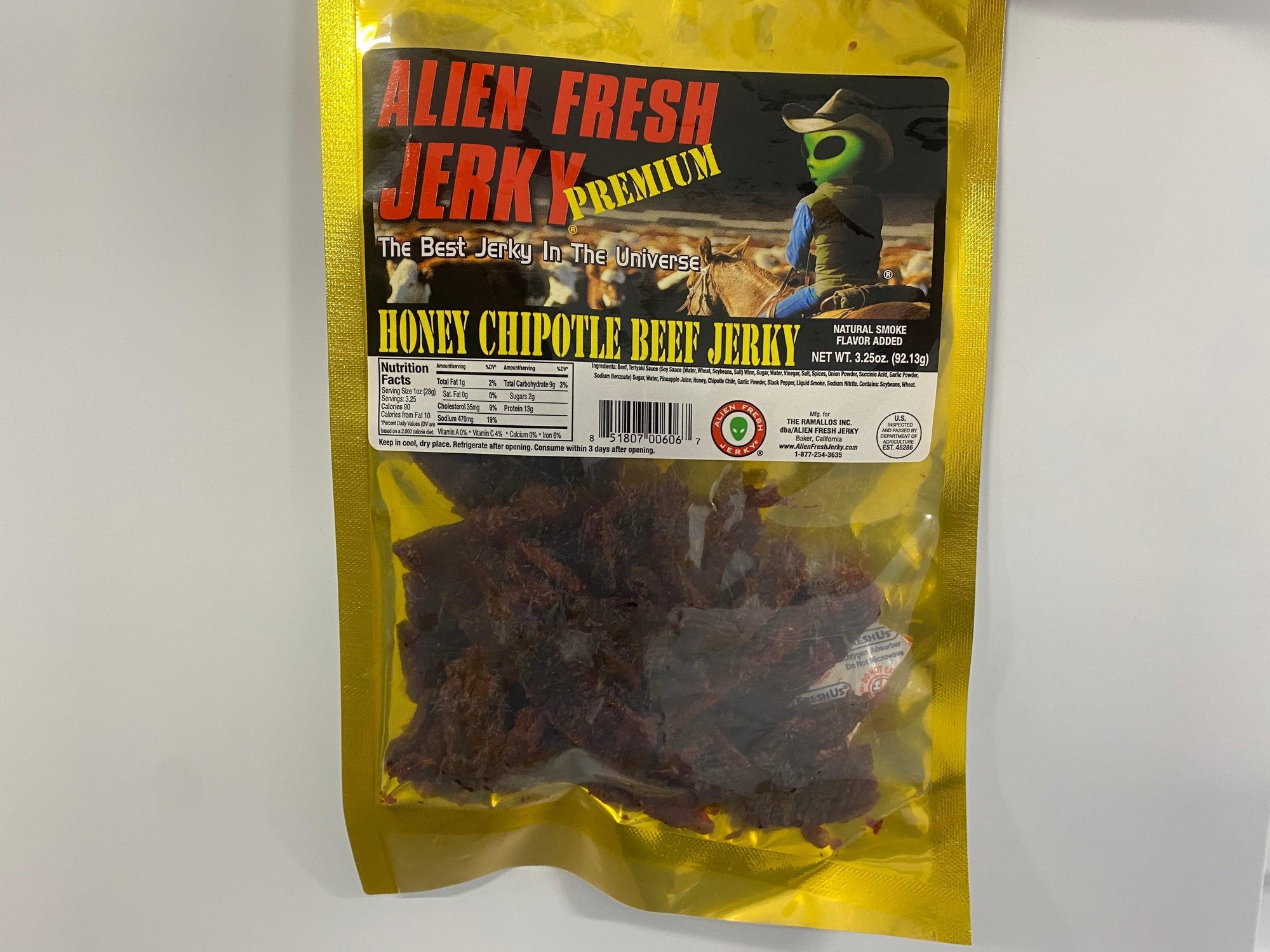 Honey Chipotle Beef Jerky 3.25 oz. Bag | Alien Fresh Jerky