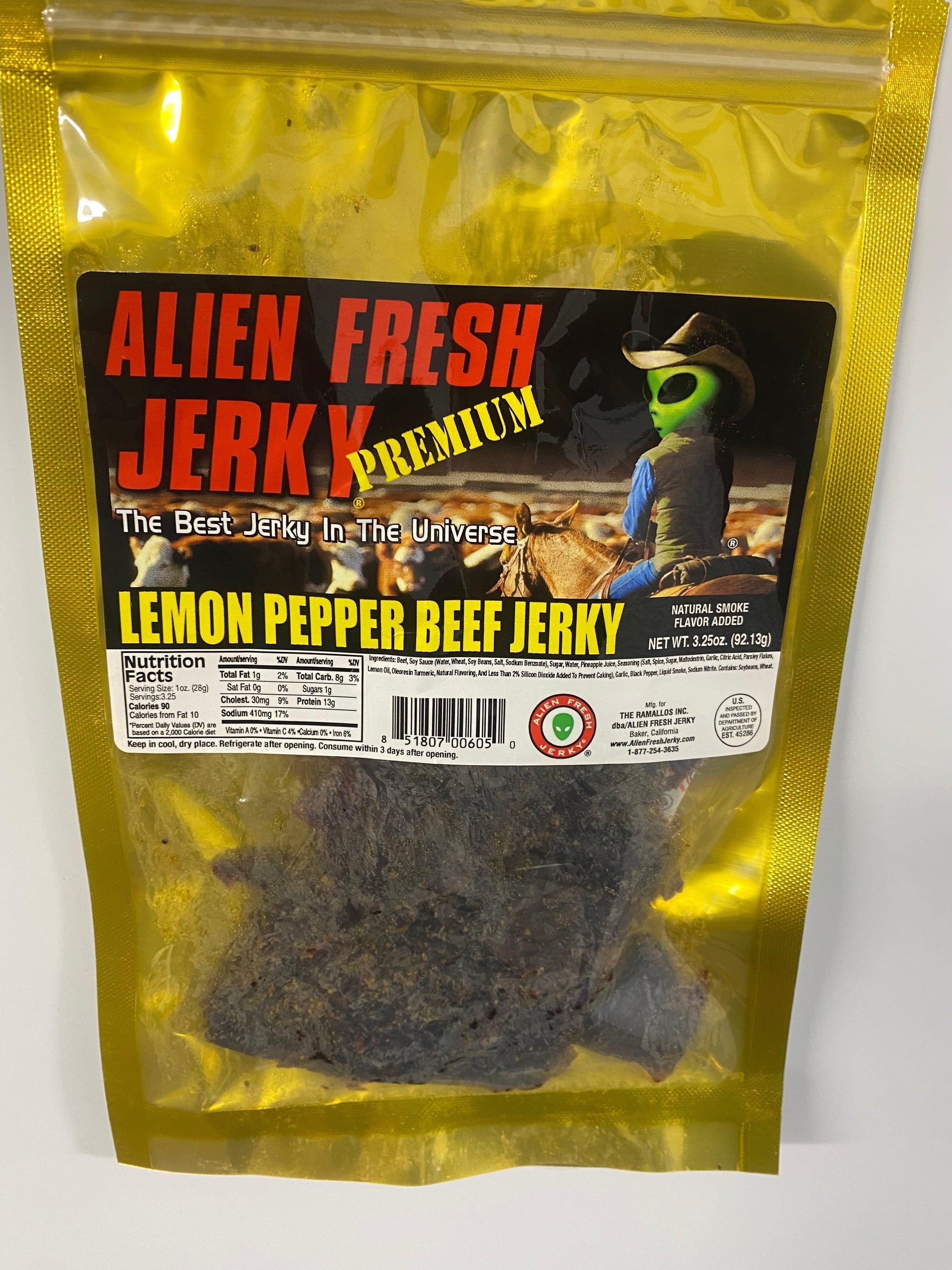 Lemon Pepper Beef Jerky 3.25 oz. Bag | Alien Fresh Jerky