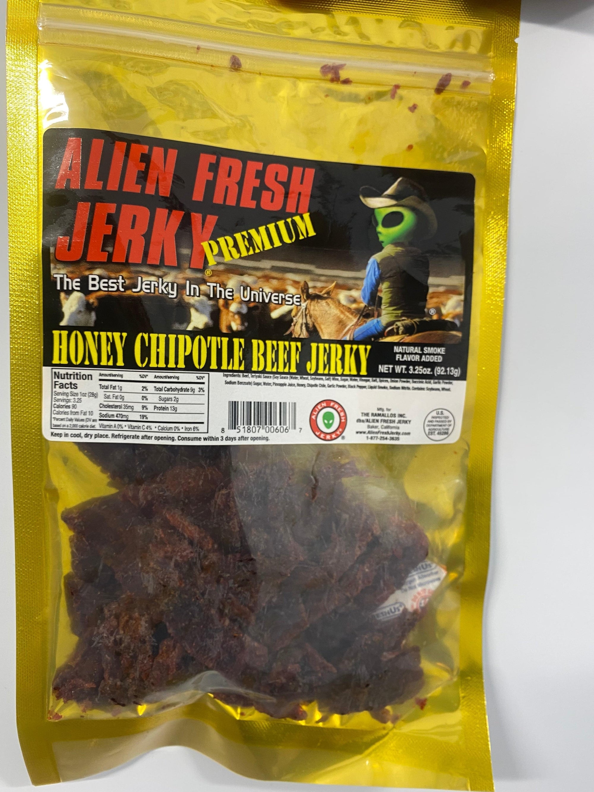 Honey Chipotle Beef Jerky 3.25 oz. Bag | Alien Fresh Jerky