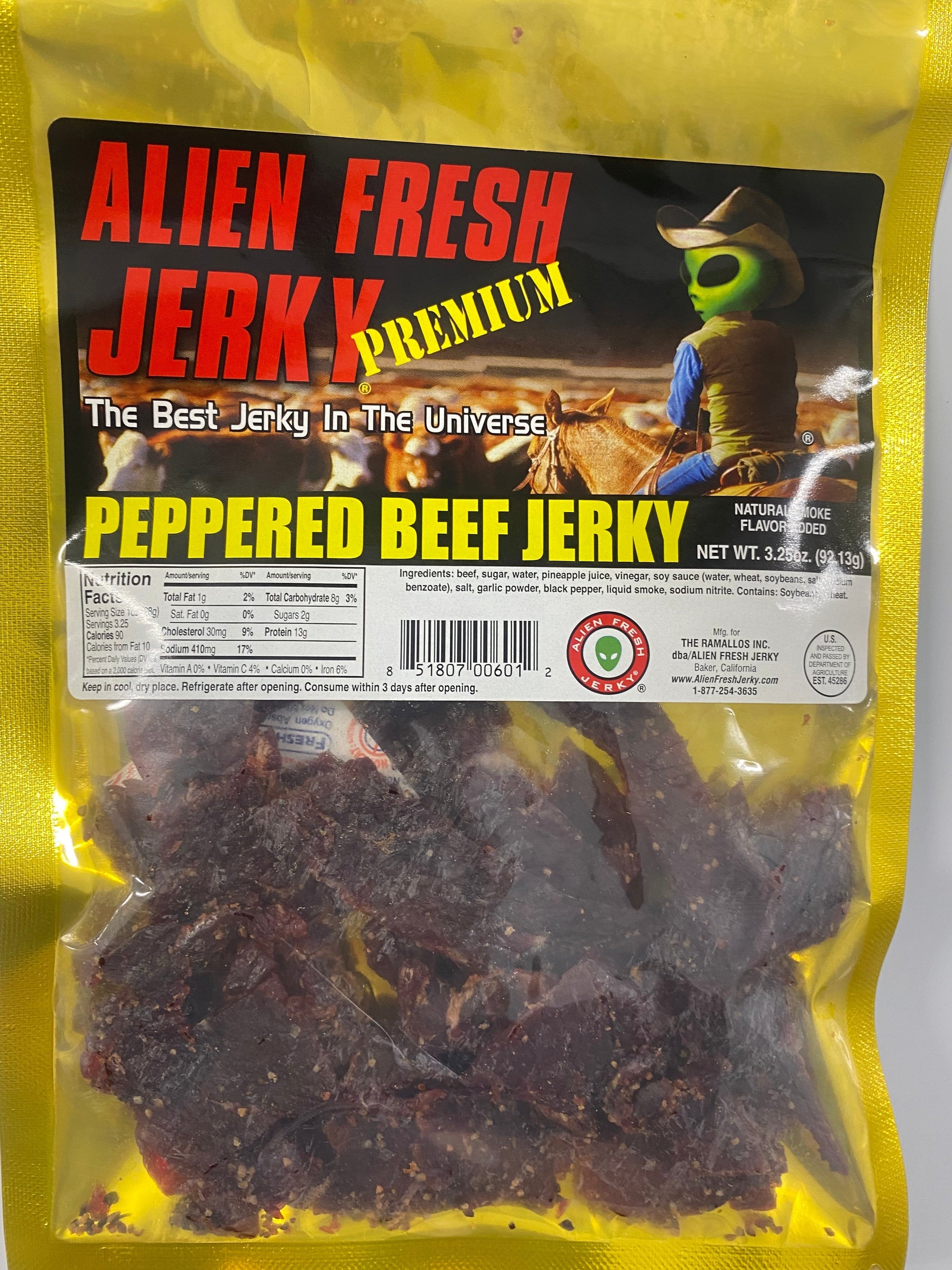 Peppered Beef Jerky 3.25 oz. Bag | Alien Fresh Jerky