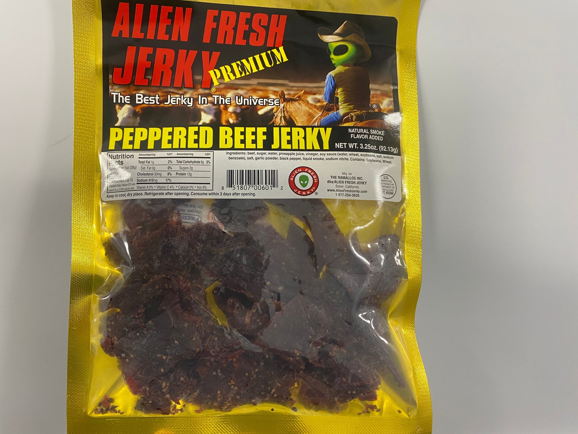 Peppered Beef Jerky 3.25 oz. Bag | Alien Fresh Jerky