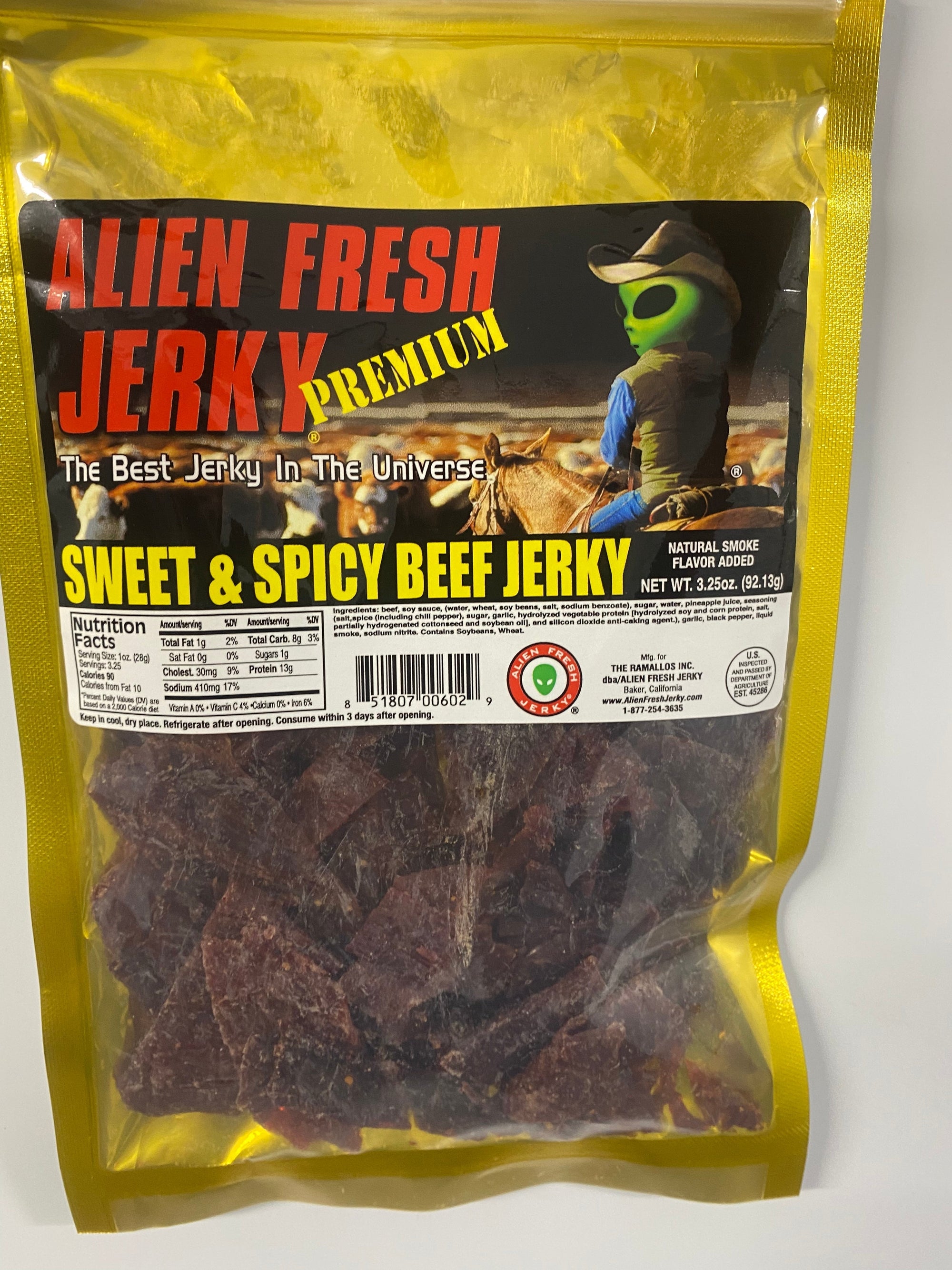 Sweet and Spicy Beef Jerky 3.25 oz. Bag | Alien Fresh Jerky