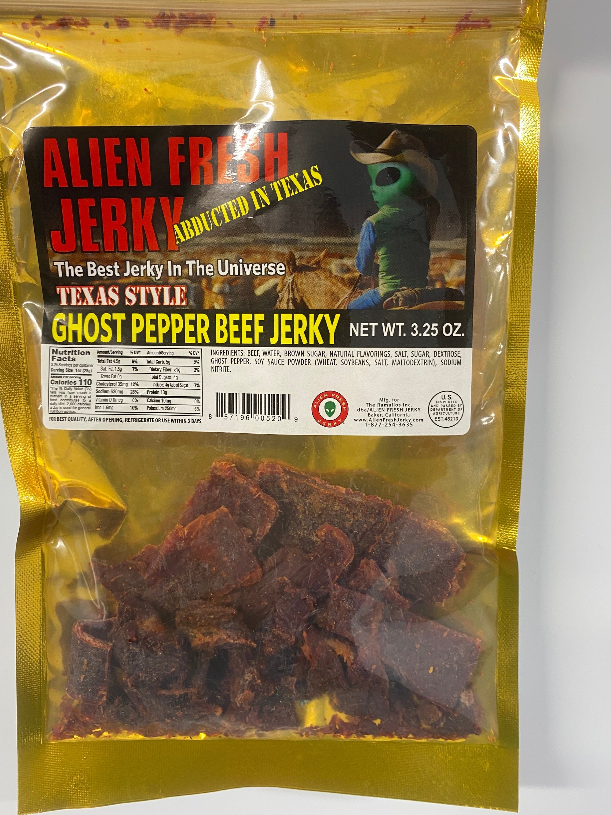 Texas Style Ghost Pepper Beef Jerky 3.25 oz. Bag | Alien Fresh Jerky