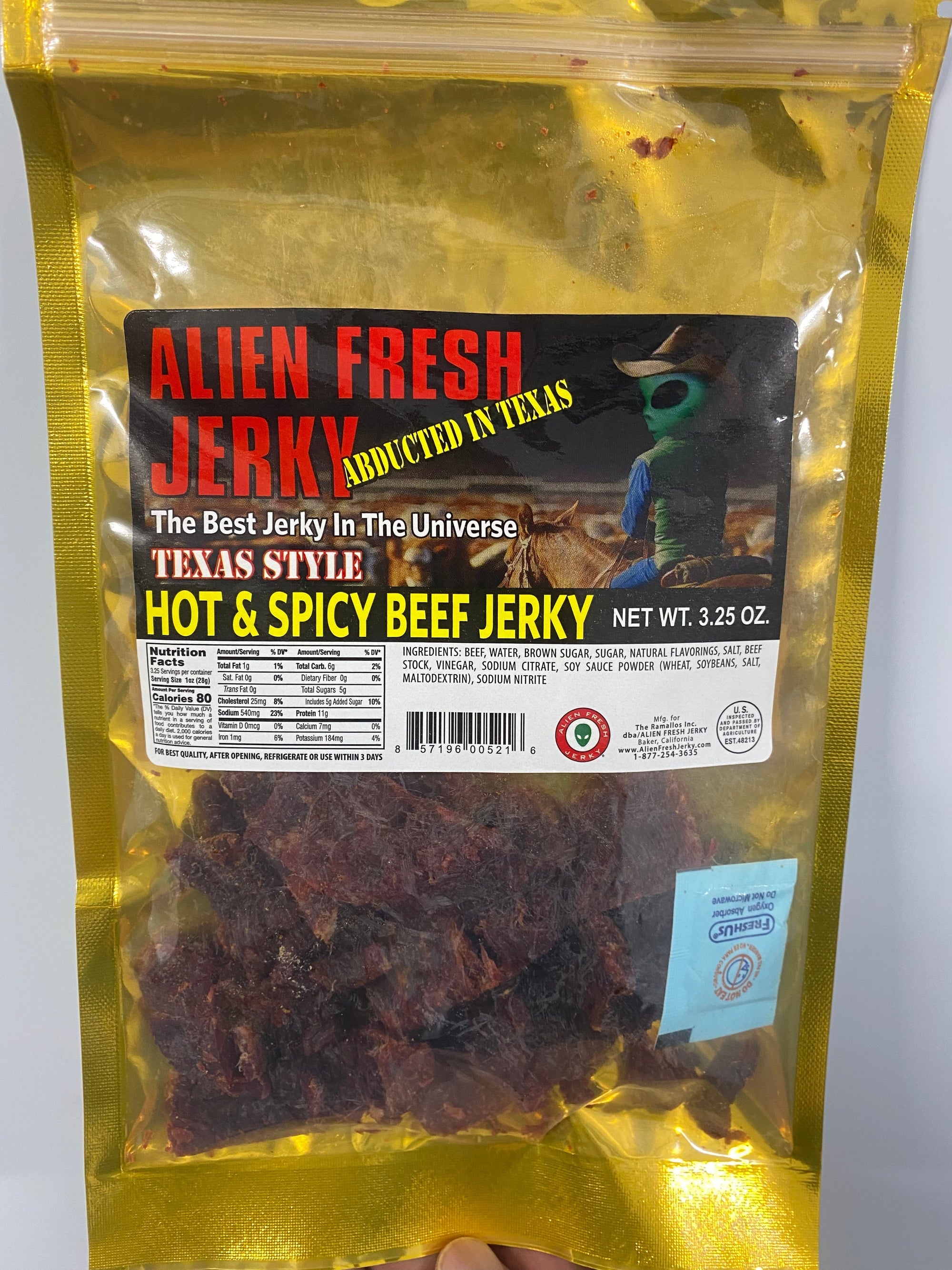 Texas-Style Hot and Spicy Beef Jerky 3.25 oz. Bag | Alien Fresh Jerky